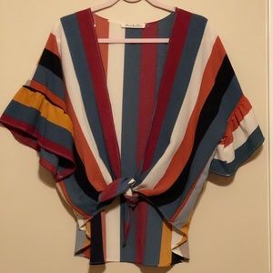 Striped Kimono with Ruffle/Bell Sleeves